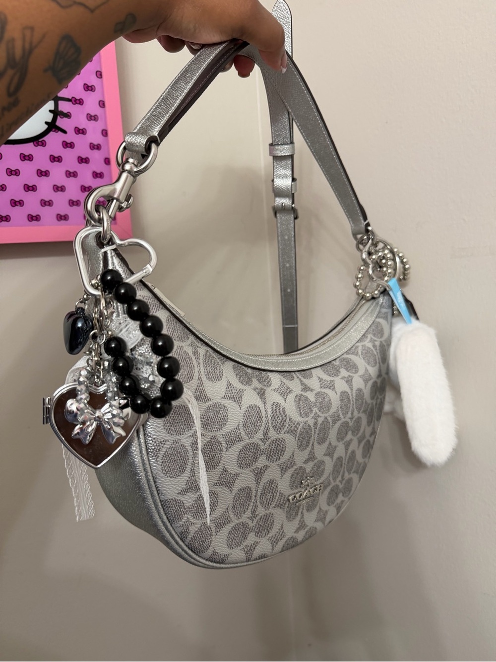 Coach Silver Signature Crescent Shoulder Bag with Plush Charm - Picture 3 of 7